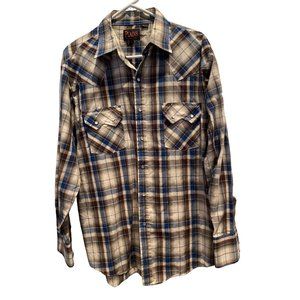 Plains Western Wear Long Sleeve‎ Shirt size Large, Pearl Snap Button, Blue White